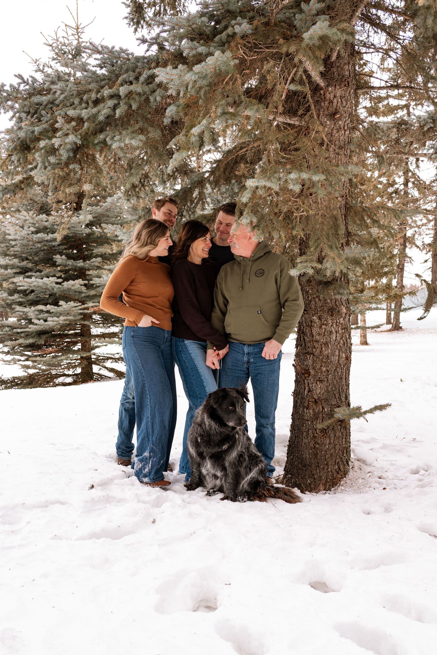 Family of four with a black dog gathered around a snow-covered evergreen tree in a winter landscape.