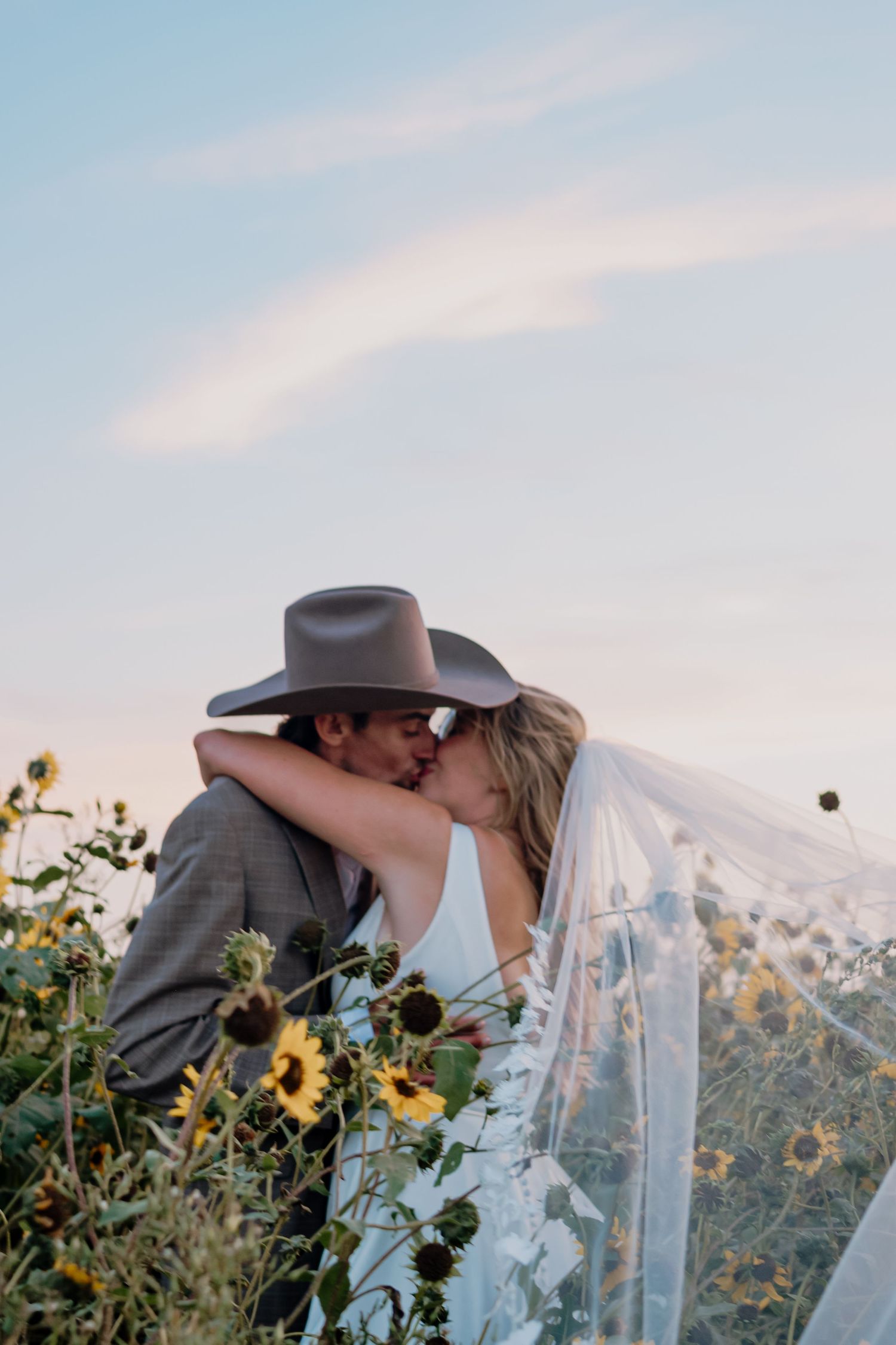A romantic wedding couple shares a kiss at sunset with mountain peaks and yellow wildflowers in the background.