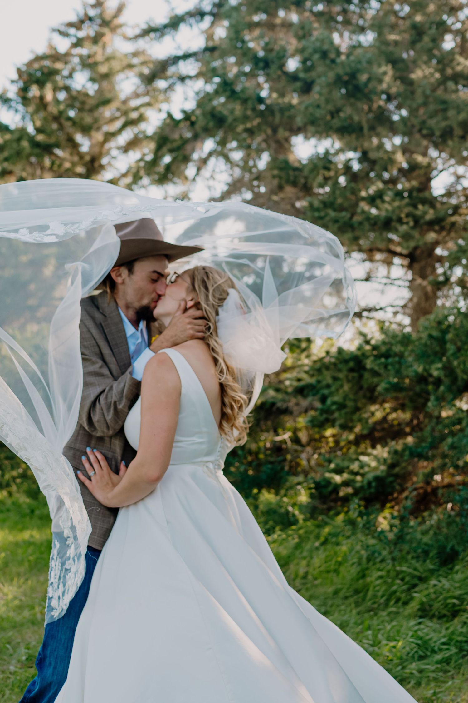 A romantic wedding couple shares a kiss as the bride's veil flows dramatically in the wind against a natural outdoor backdrop.