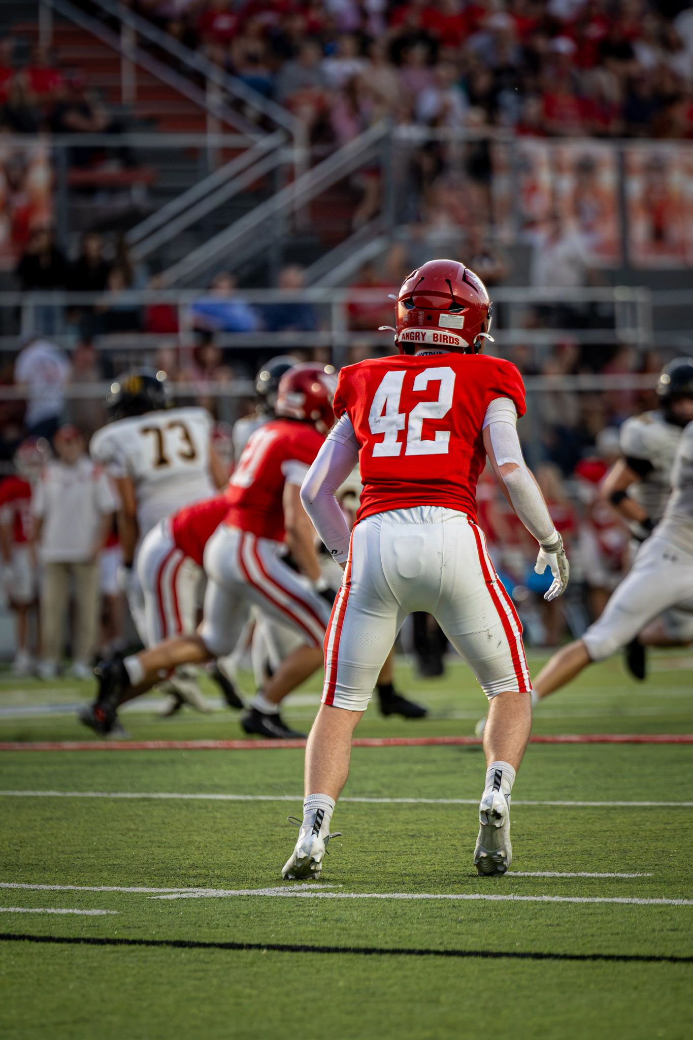 Football player in a red helmet and number 42 jersey stands ready on the field during a night game as teammates and fans look on.