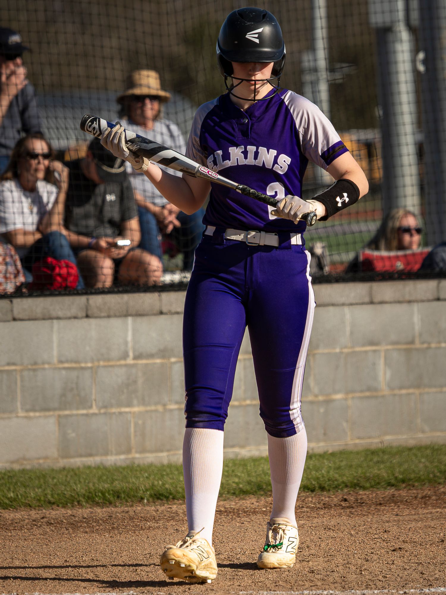 Elkins softball batter in a purple uniform and black helmet stands at the plate holding a bat while spectators watch from behind the fence.