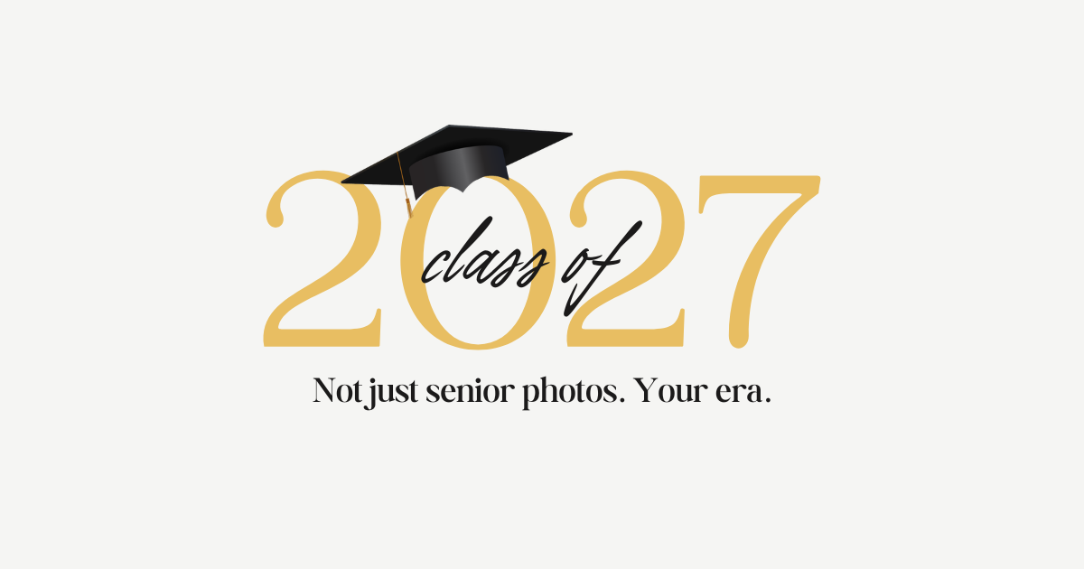 Gold and black Class of 2027 graduation logo with mortarboard cap and tagline Not just senior photos Your era.