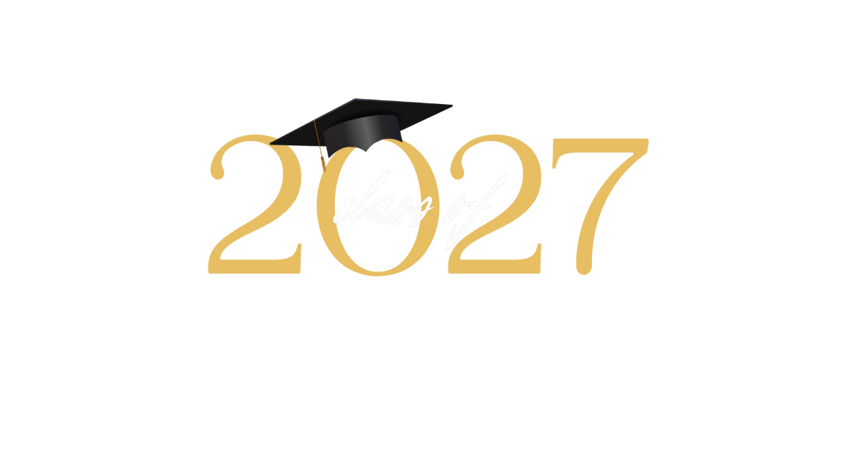 Gold glitter 2027 graduation year text with black mortarboard cap, ideal for class of 2027 celebration designs.