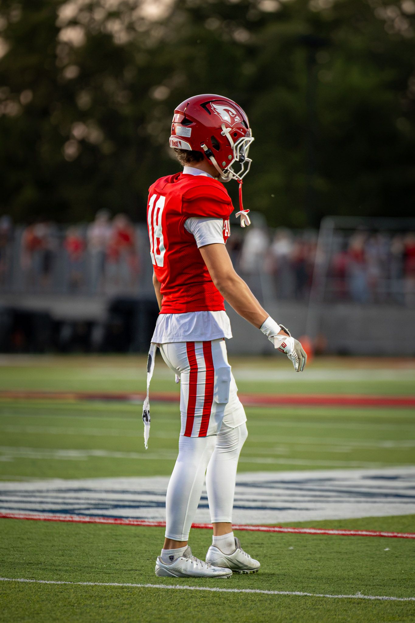 Football player in a red jersey, red helmet and white pants stands on a sunlit turf field with spectators blurred in the background.