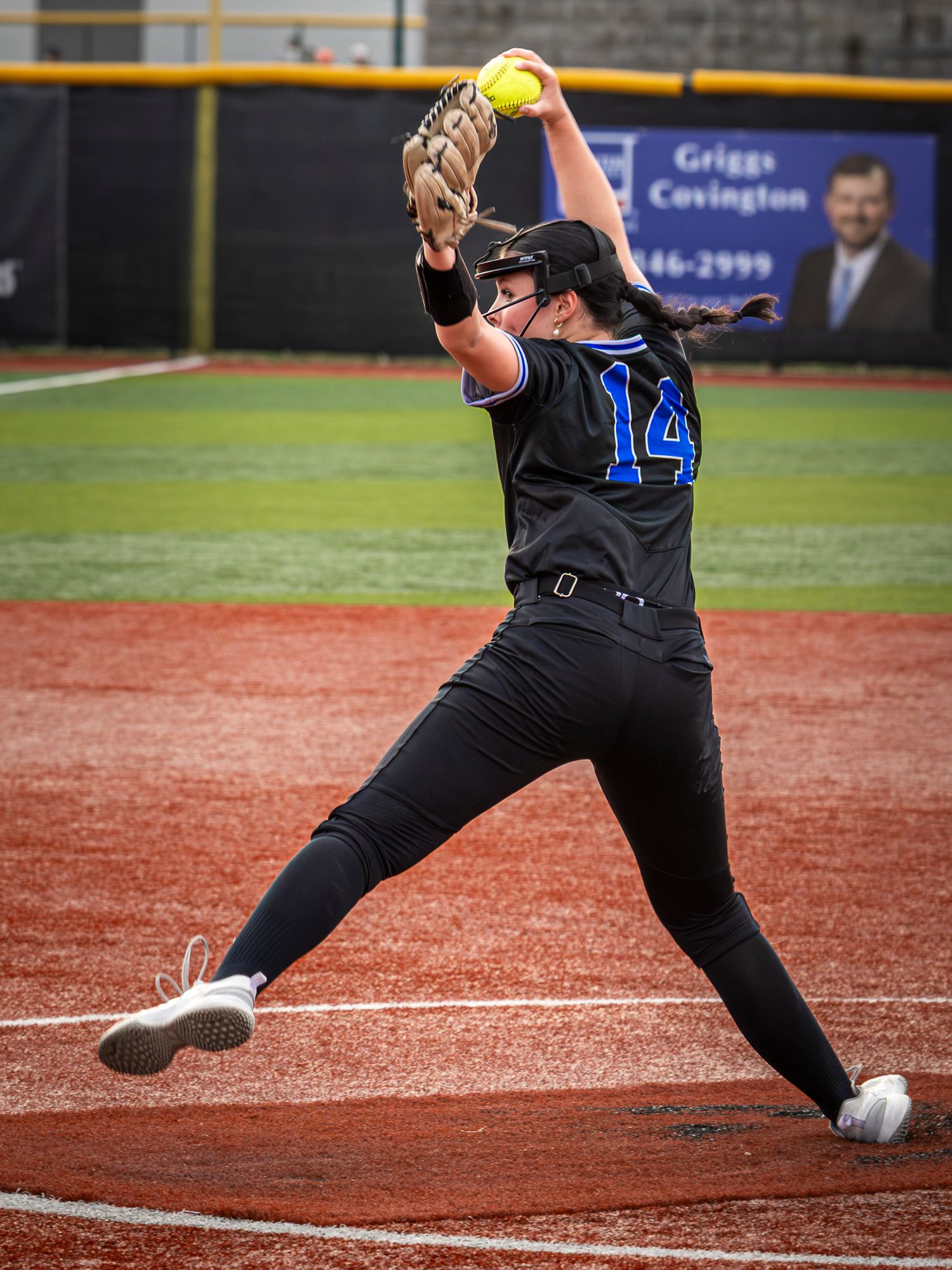 A sequence of softball pitching motion frames shows a pitcher in black uniform delivering an underhand throw on the field.