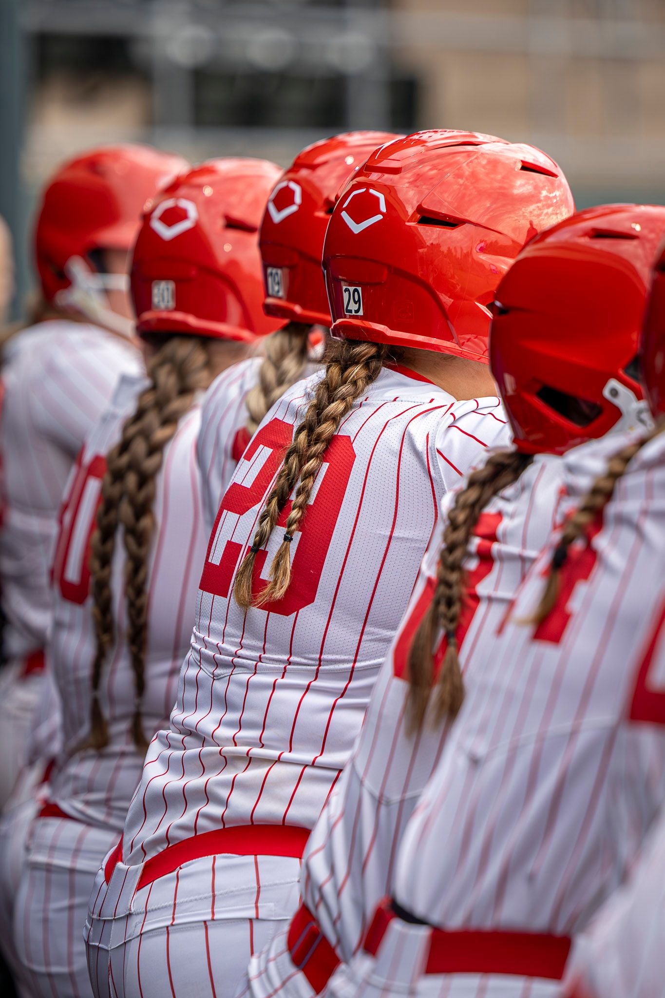 Female softball players in red helmets and white pinstripe uniforms sit in dugout, showing braided hair and number jerseys.