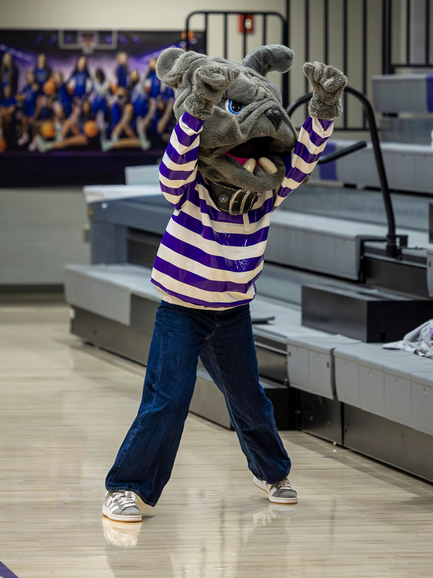 A series of photos showing legs in jeans and striped socks walking down bowling alley steps.