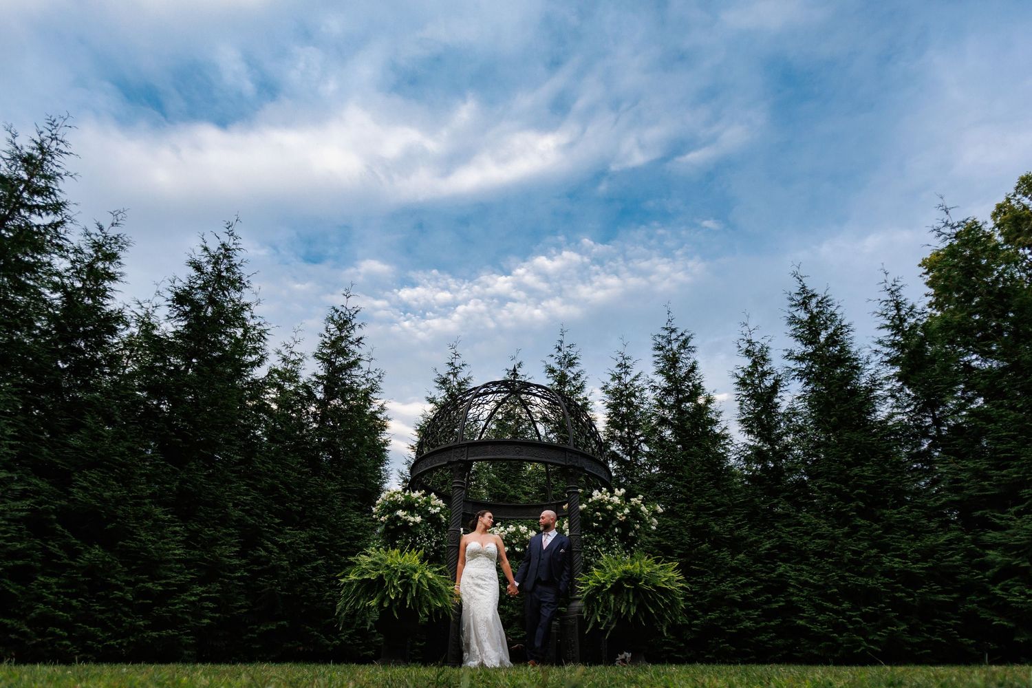 Panoramic view of a wedding ceremony against a backdrop of evergreen trees and cloudy sky.