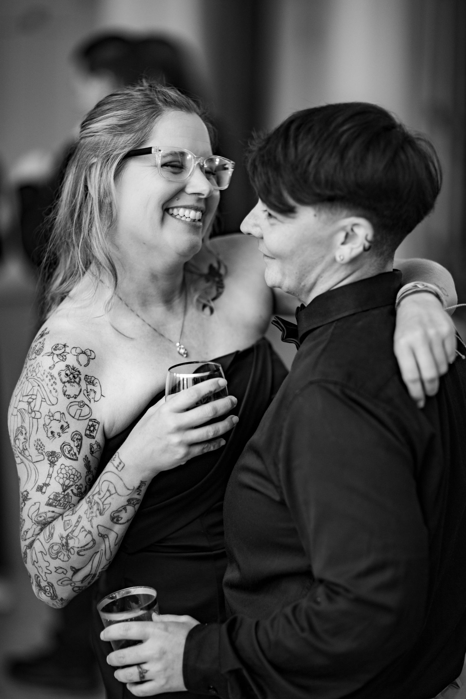 Intimate black and white photos of couple embracing and sharing tender moments.