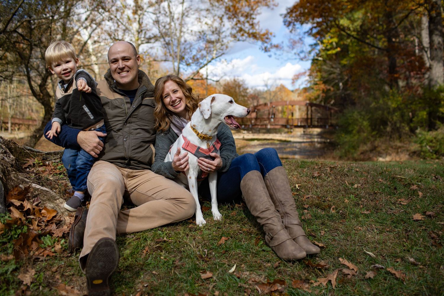A couple sits on fallen leaves with their small white dog during an autumn photoshoot in a park.