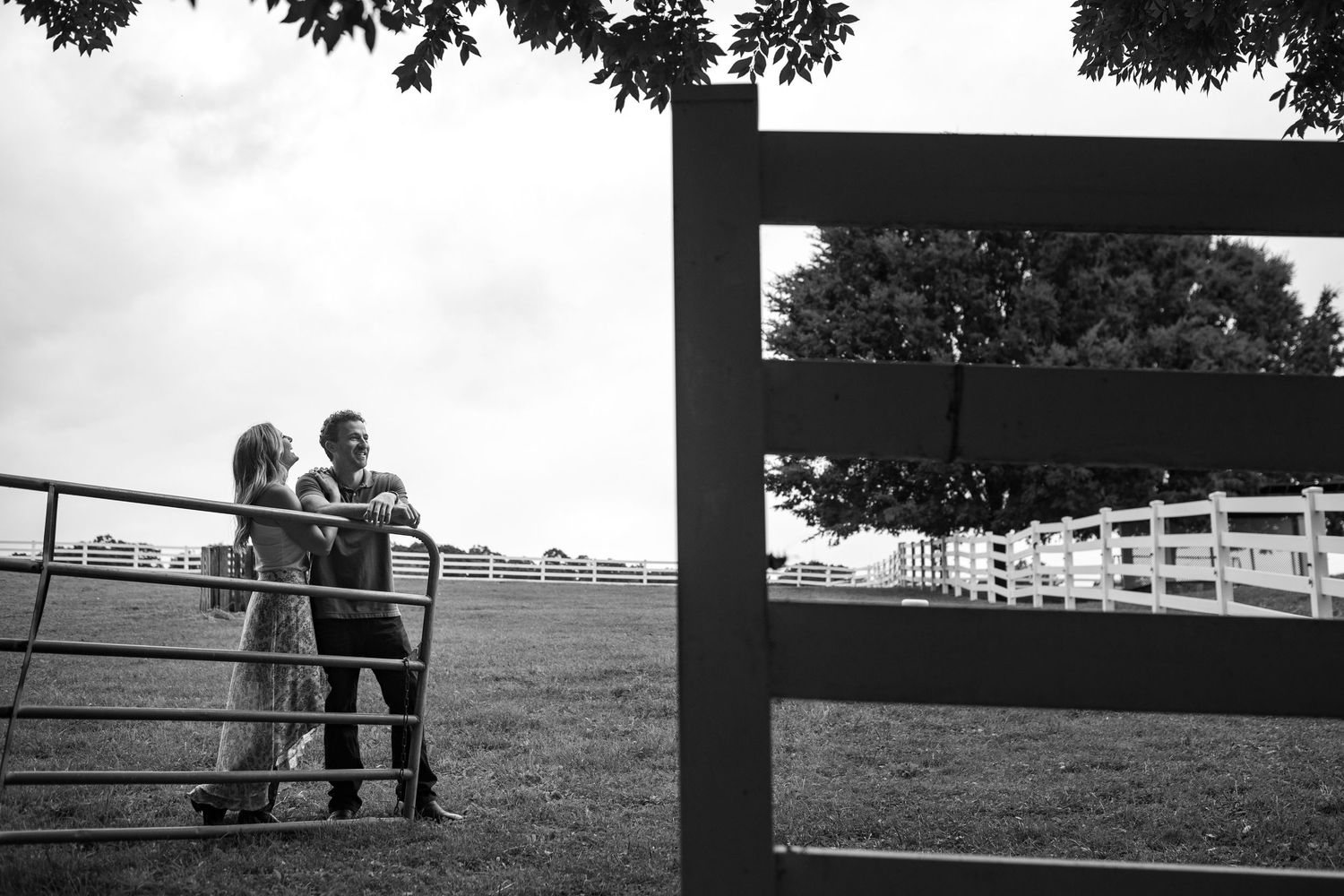 Black and white photo of a couple sharing a romantic moment leaning against a metal farm gate in a rural field.