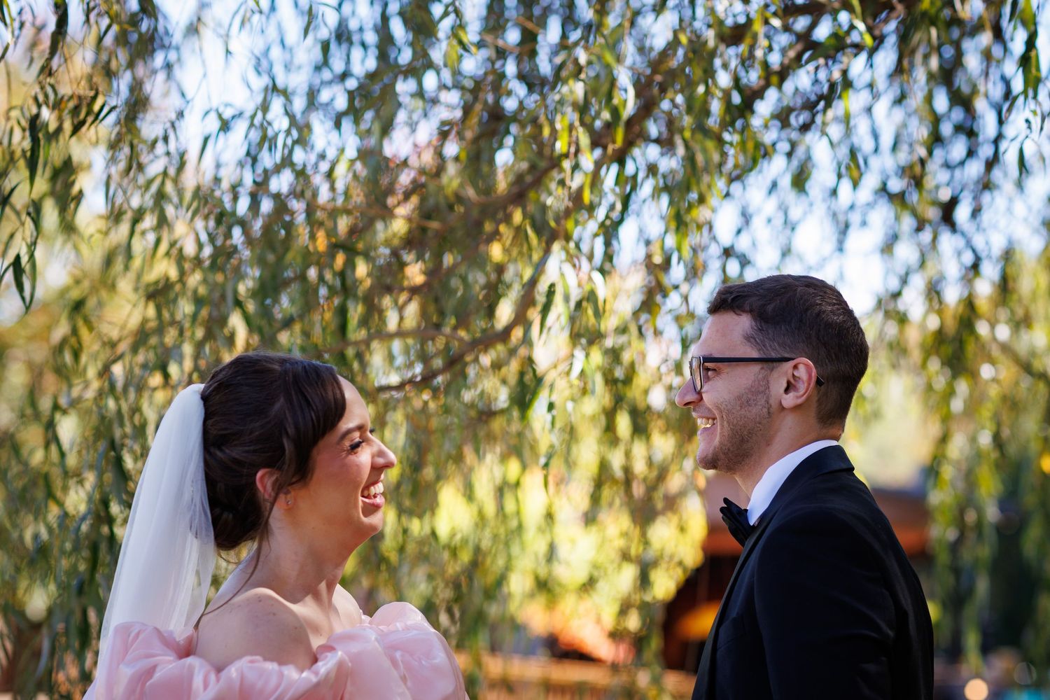 Bride in pink gown and groom in black tuxedo laughing together under weeping willow tree on wedding day.