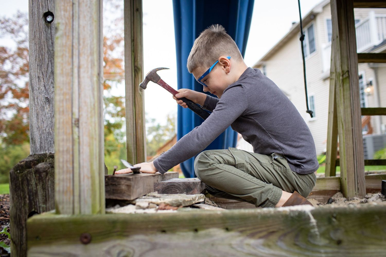 A sequence of outdoor deck shots showing playtime and relaxation in natural light.