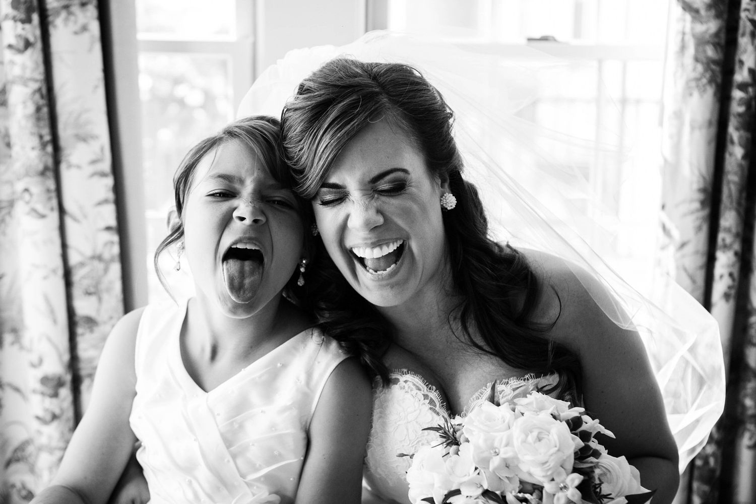 bride and kid laughing