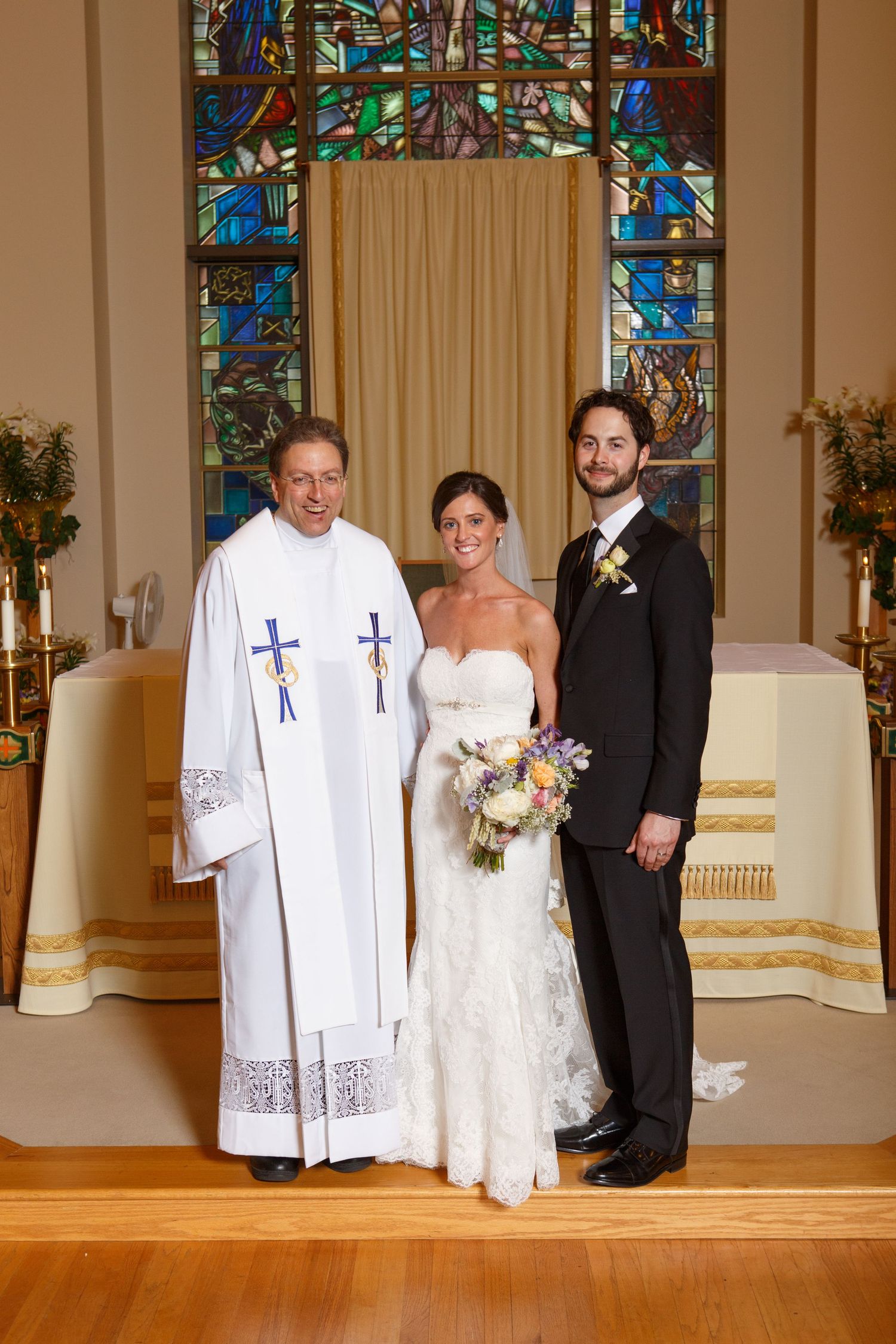 Four connected photos show a wedding ceremony in a church with stained glass windows and clergy members in traditional robes.