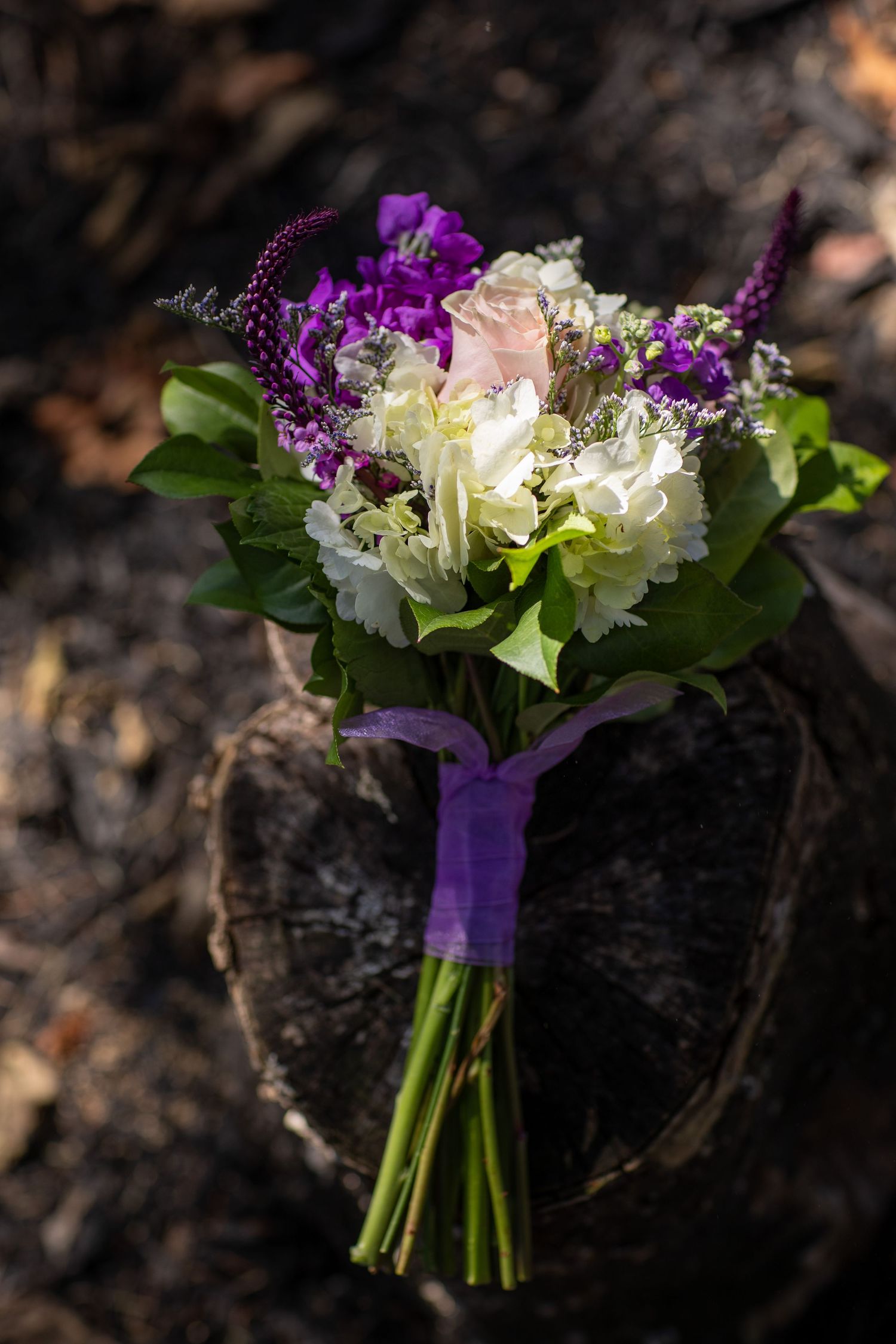 A bouquet of white and cream roses with touches of purple flowers arranged against a dark textured background.