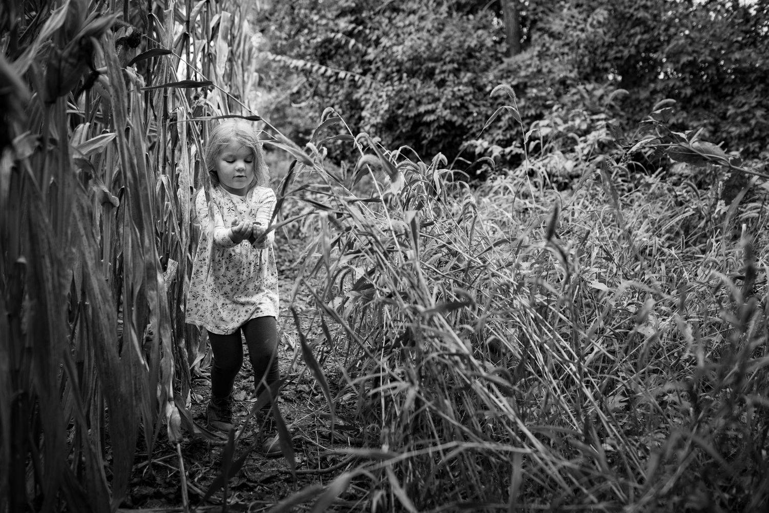 Black and white portrait series taken in a natural wooded setting with dramatic lighting.