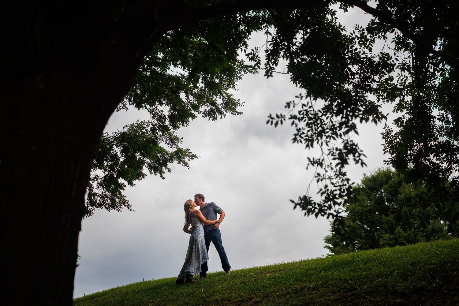 Couple sharing a romantic kiss on a green hillside, framed by lush tree branches against a cloudy sky.
