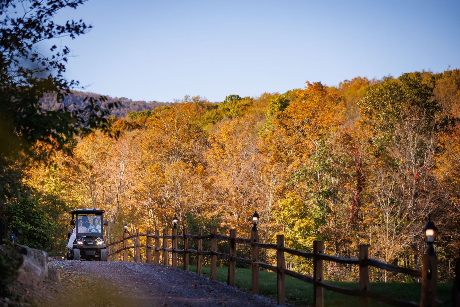 Golf cart on a gravel path lined with wooden fences surrounded by vibrant autumn foliage in a scenic hillside setting.