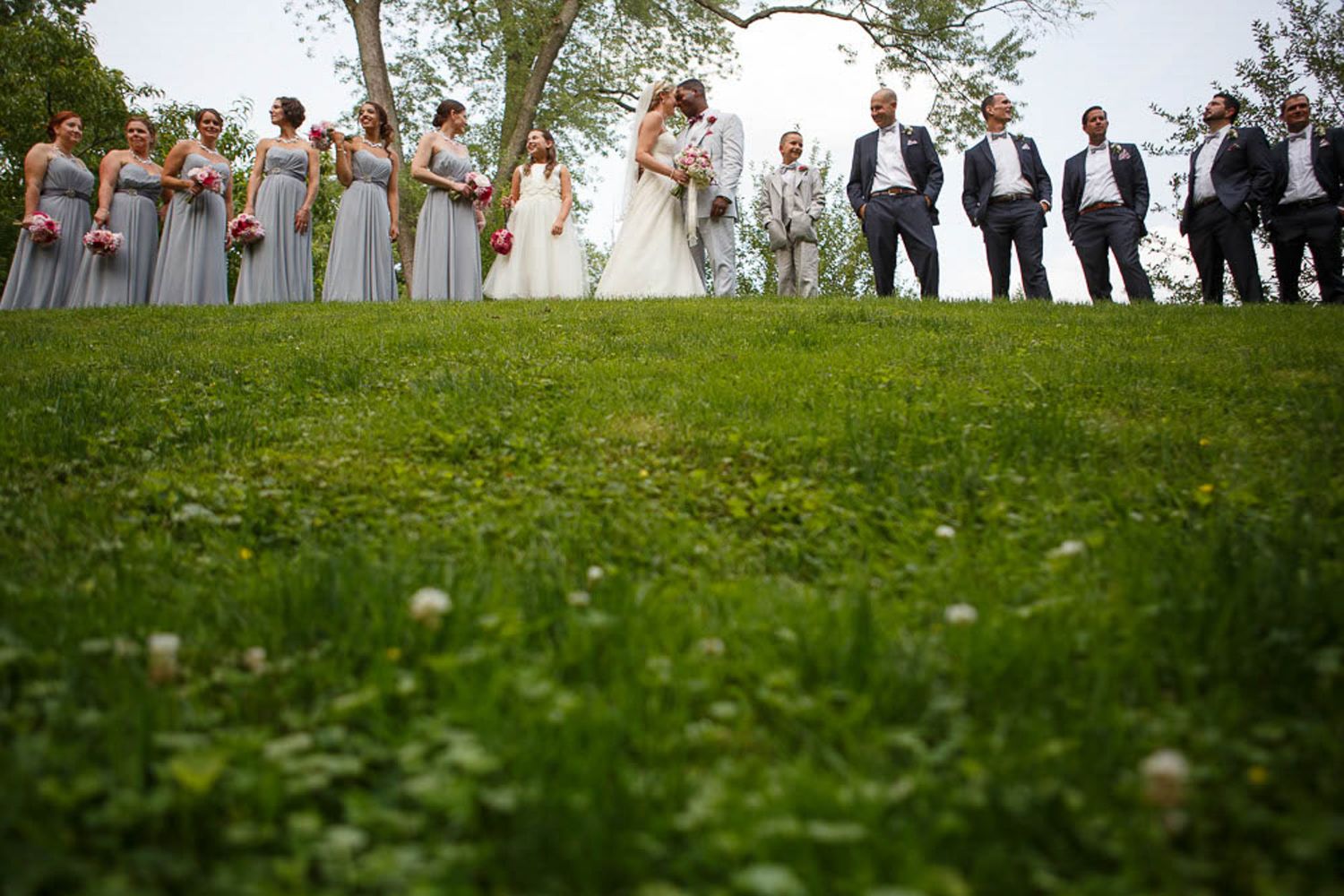 the entire wedding party from worms view