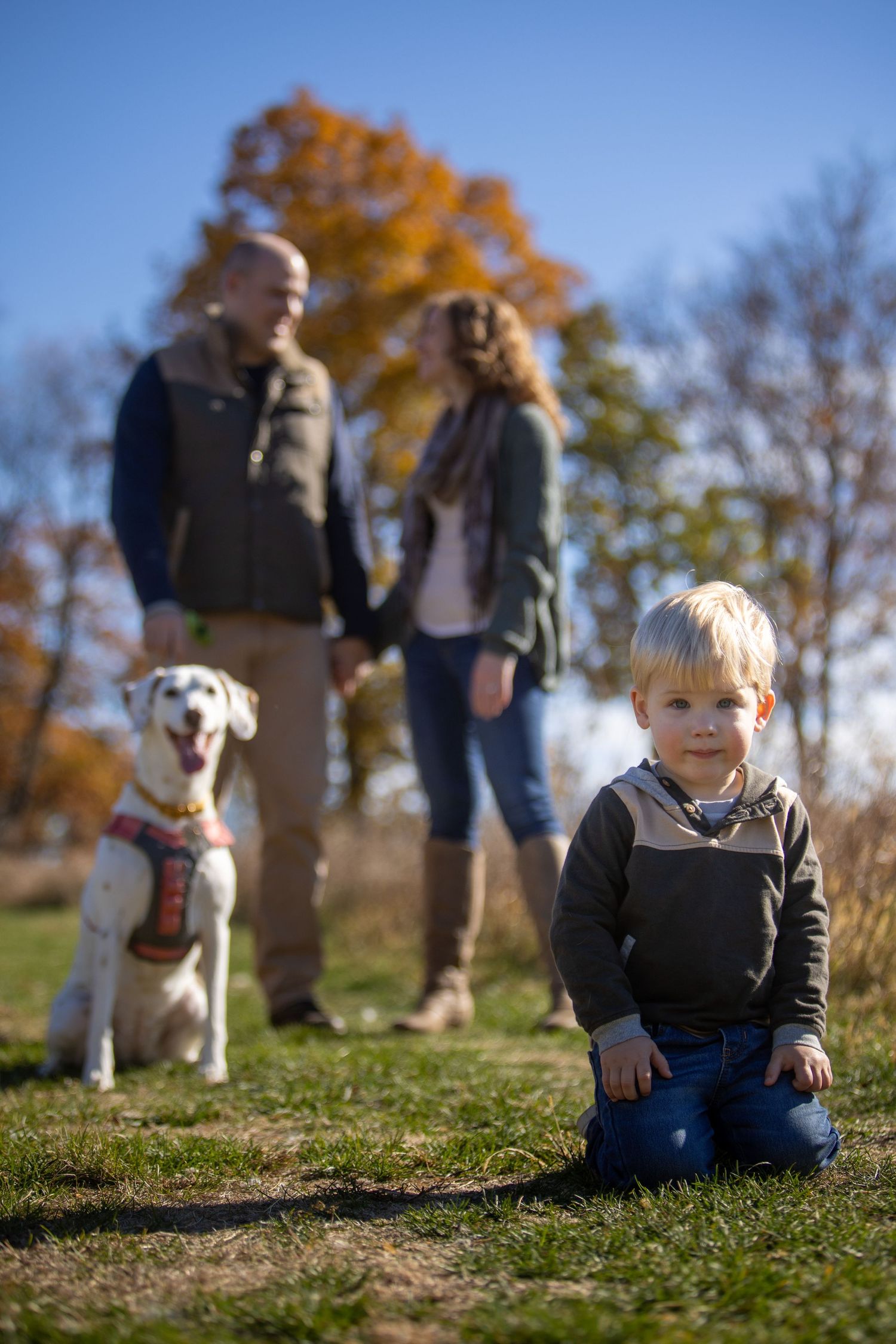 A family and their white dog enjoy a sunny autumn day outdoors on a grassy hill with colorful fall foliage in the background.
