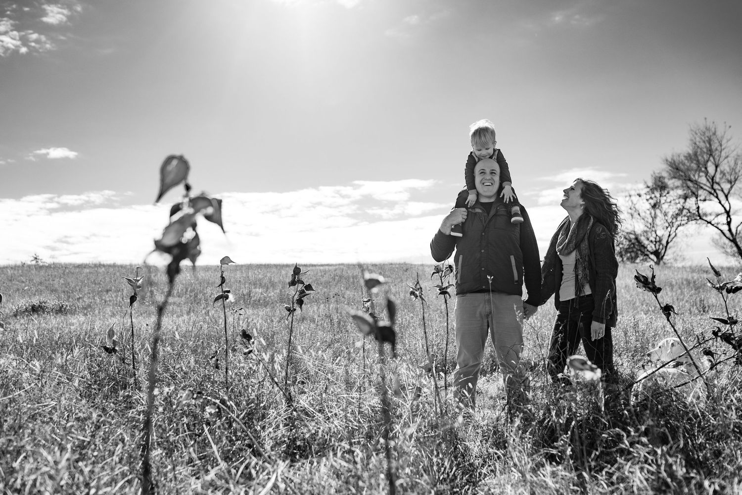 Black and white photograph of a family sitting together on a grassy hill under a bright sky.