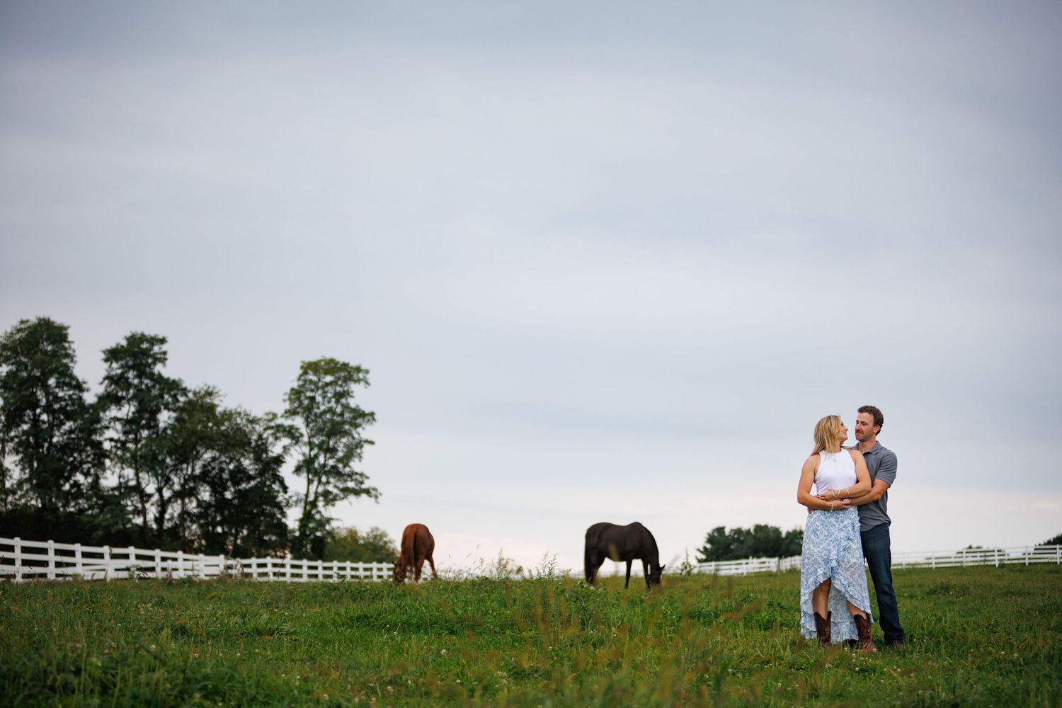 Couple embracing in a green field with horses grazing near a white fence.