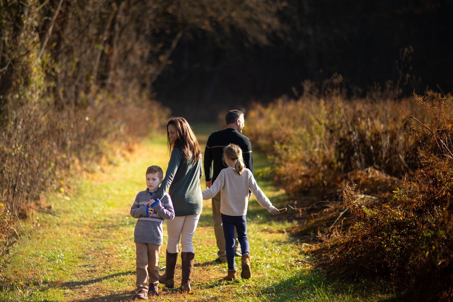 Silhouetted family walking together on a nature trail during golden sunset hour.