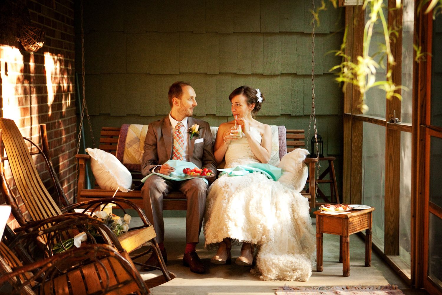couple dining on the porch alone after their wedding