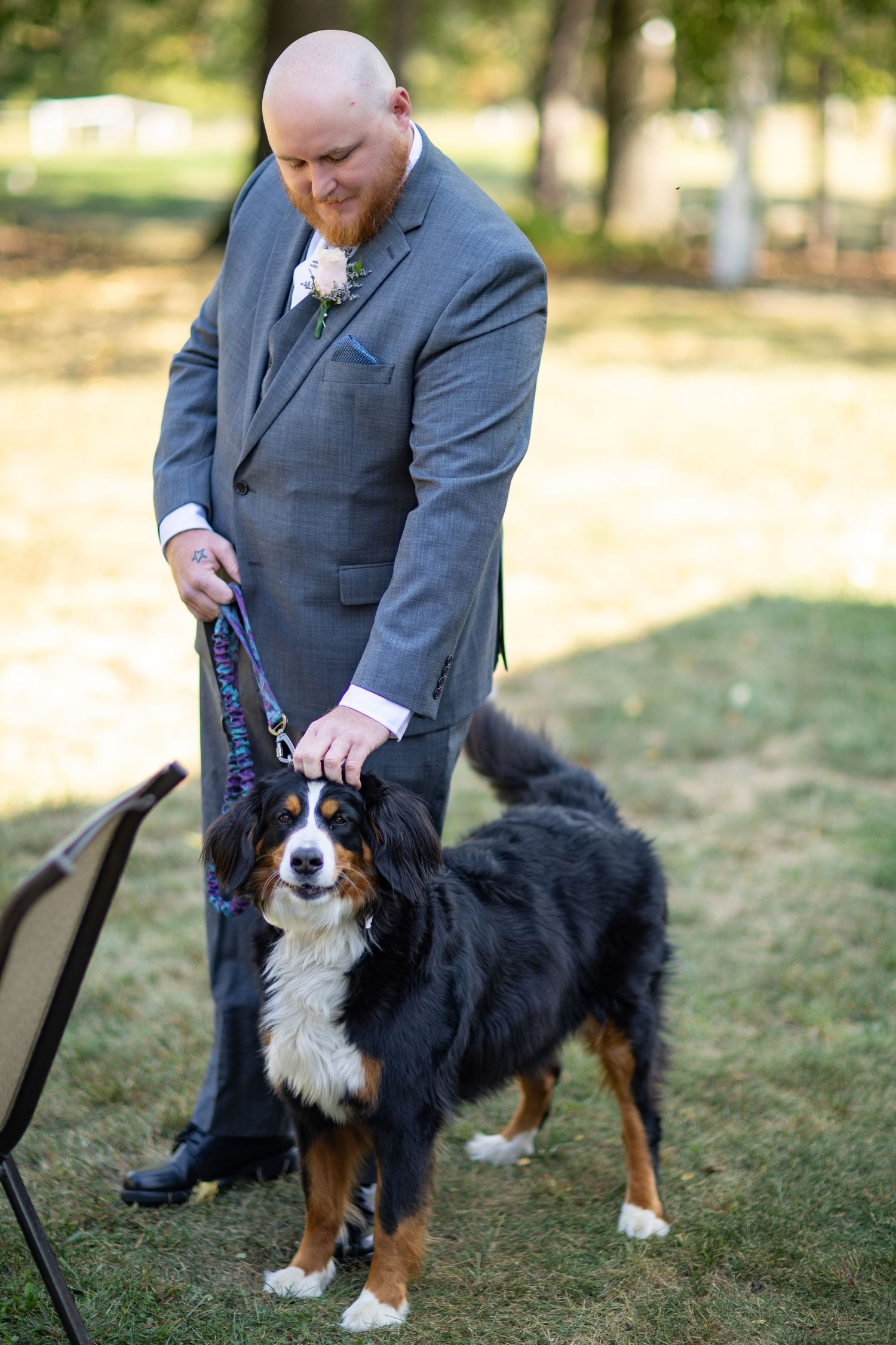 A Bernese Mountain Dog stands with its owner in formal attire on a grassy lawn.