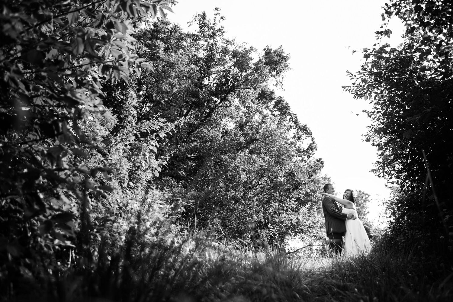 A silhouetted couple stands together on a hill surrounded by trees.
