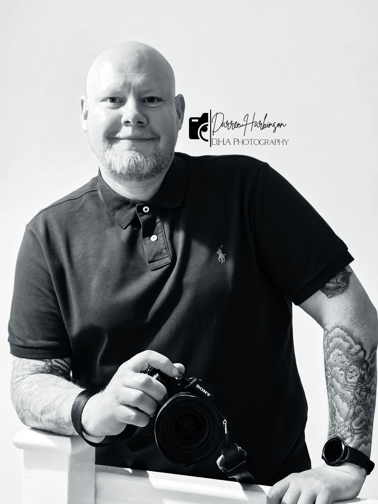 Black and white collage of a photographer with tattoos holding a camera in various poses against a white background.