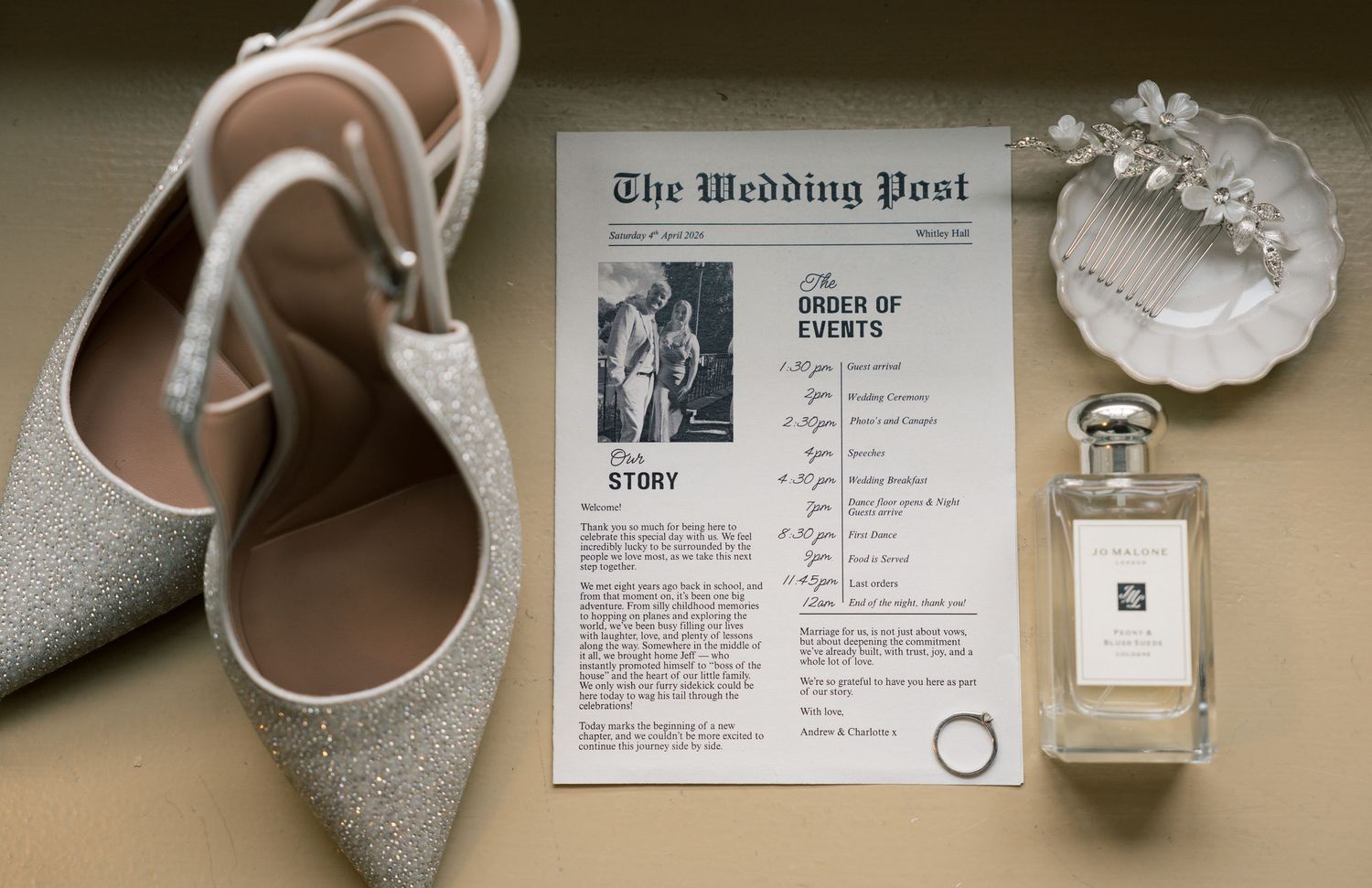 Elegant wedding flat lay featuring glittery bridal shoes, Jo Malone perfume, floral hair comb, and a Wedding Post order of events program.
