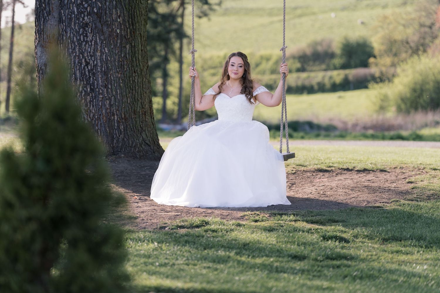 A person in a flowing white wedding dress sits gracefully on a wooden swing outdoors among tall pine trees.