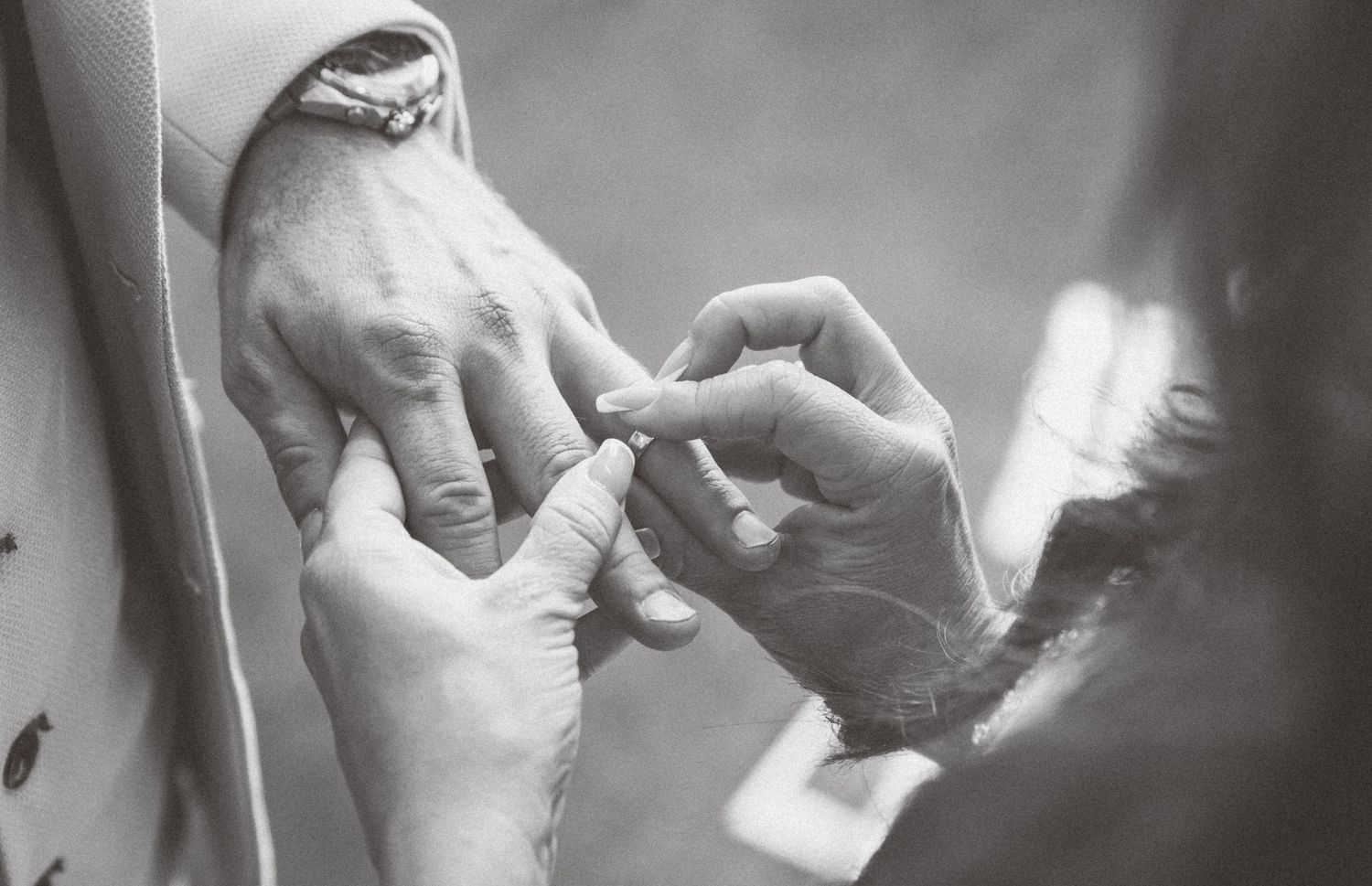 Black and white photo series showing close-up shots of hands in various gentle poses and gestures.
