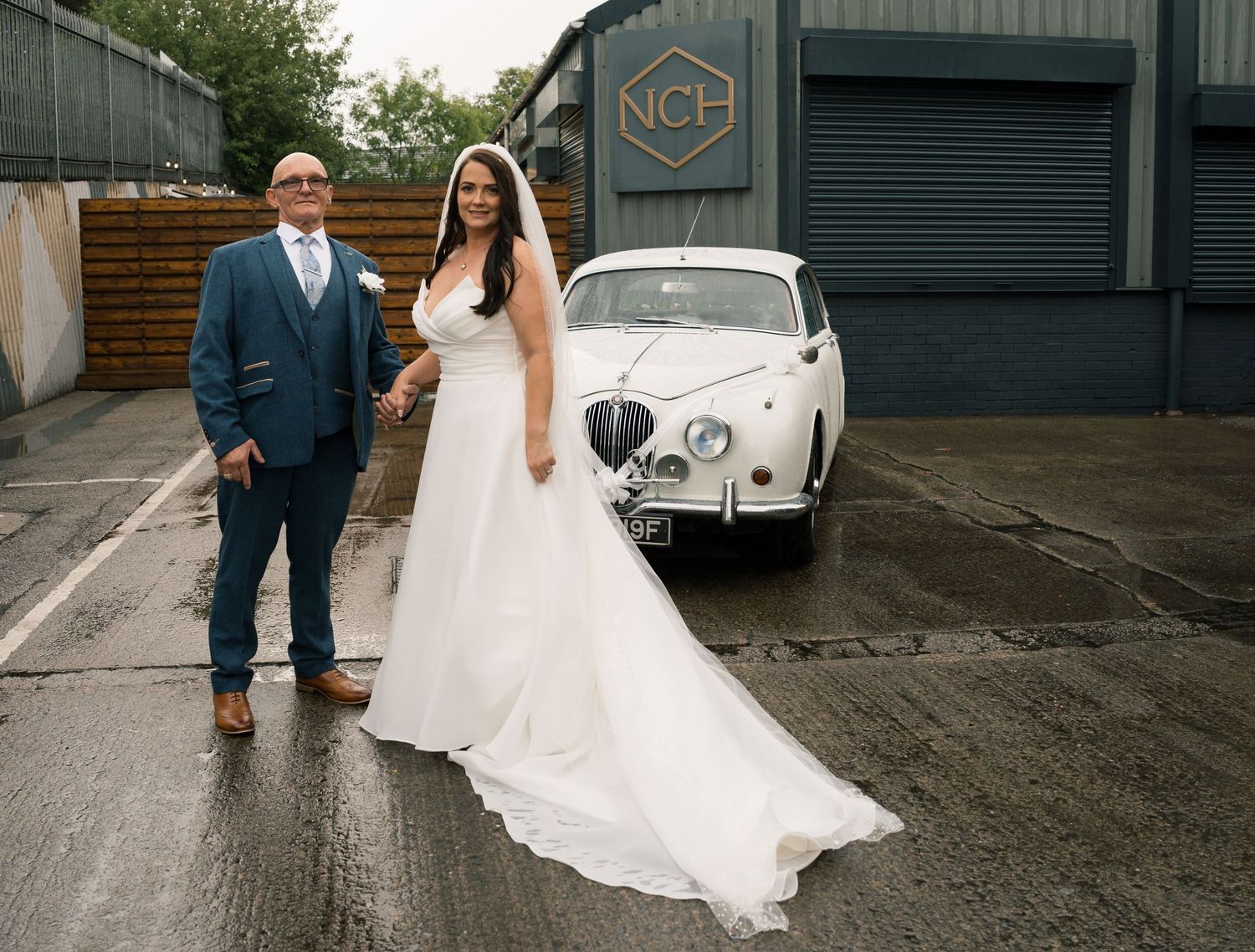 A romantic wedding scene with a flowing white dress and classic car captured in a series of candid moments.