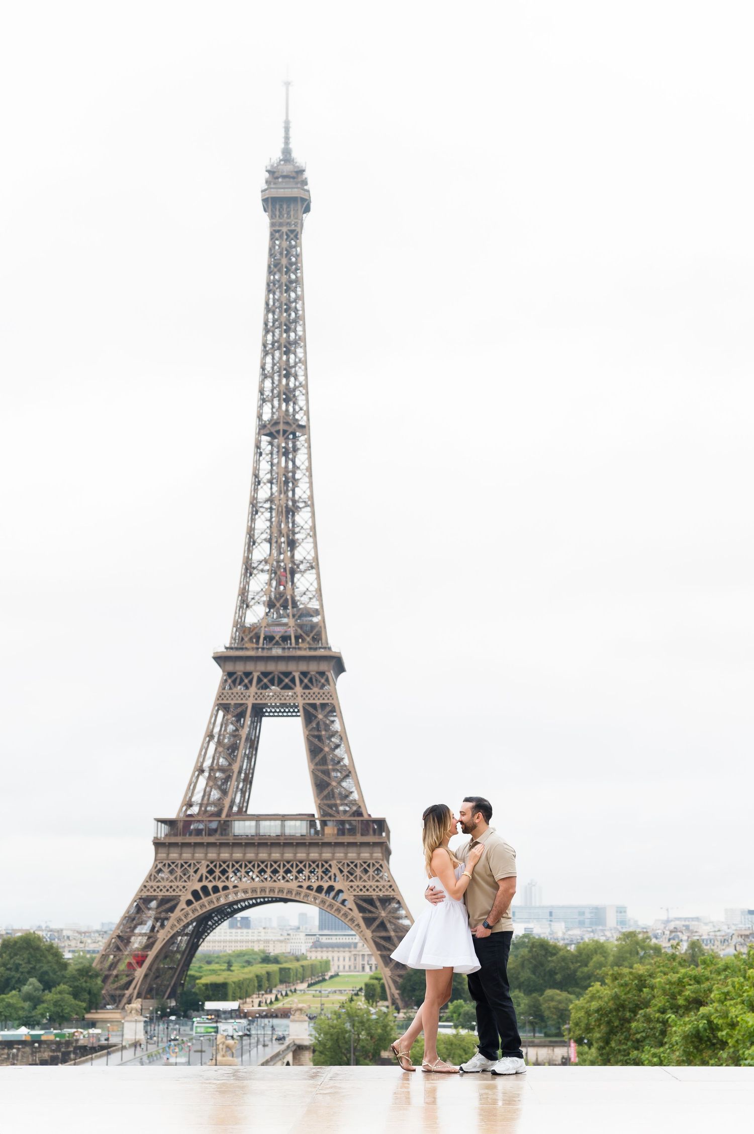 Romantic couple silhouettes against Eiffel Tower backdrop in Paris from three different angles.