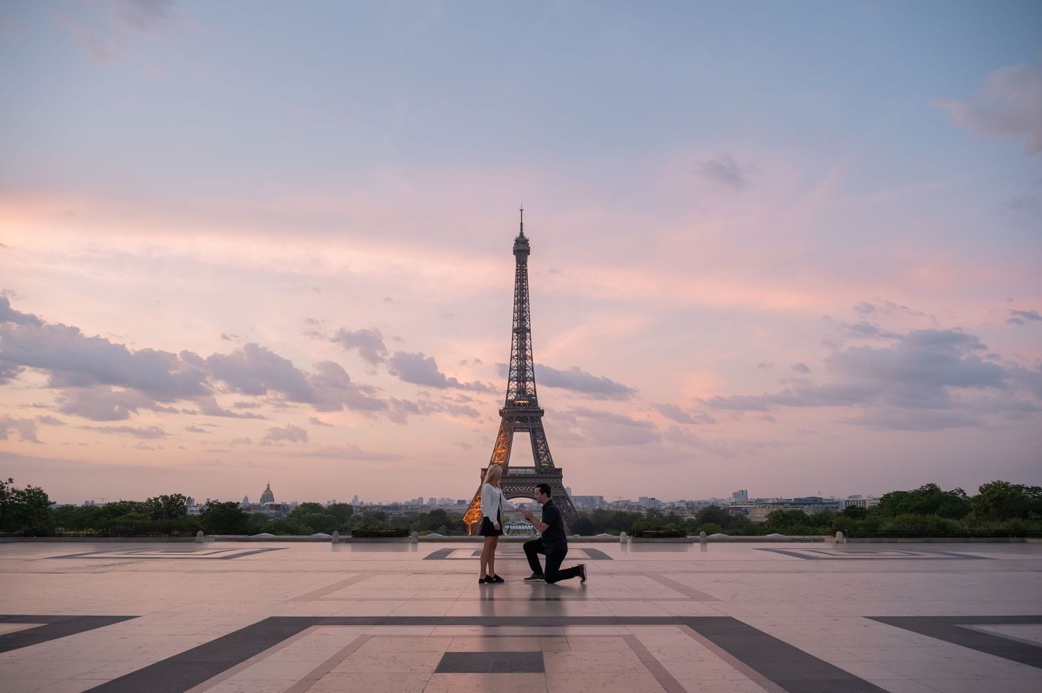 Beautiful sunset views of the Eiffel Tower and Paris cityscape captured from multiple vantage points at dusk.