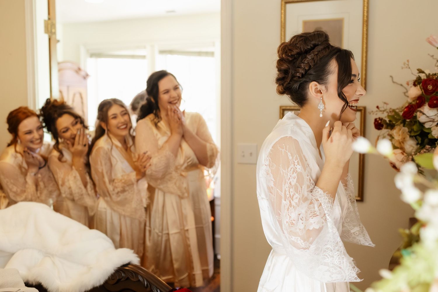 A wedding party collage showing emotional reactions and candid moments in a light-filled indoor setting.