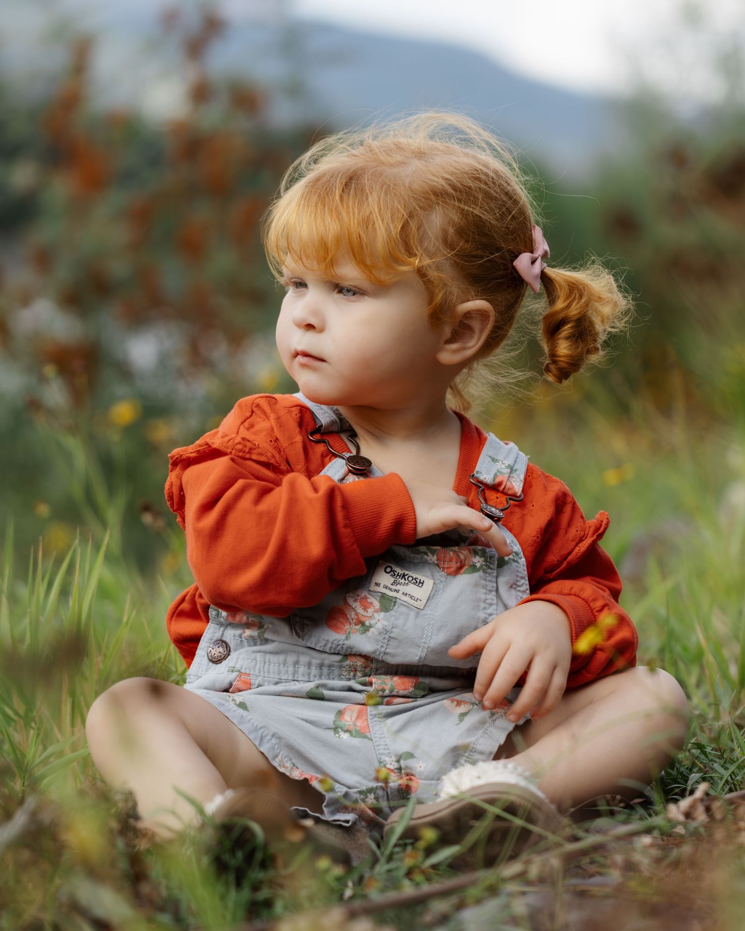 Small child in orange shirt and overalls sitting in autumn wildflowers.