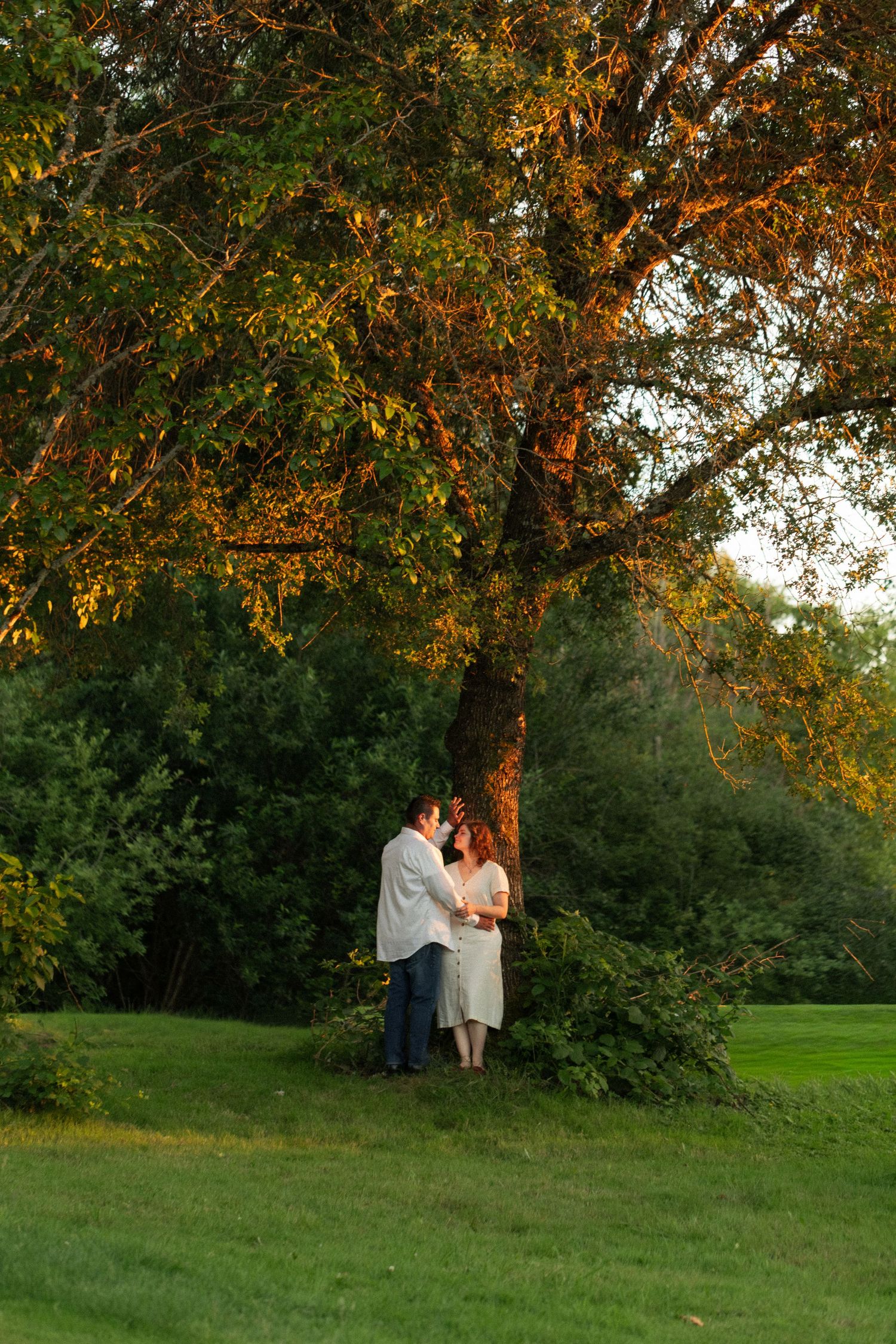 Couple in white clothing embracing beneath a large tree in a green park as golden sunset light filters through the leaves.