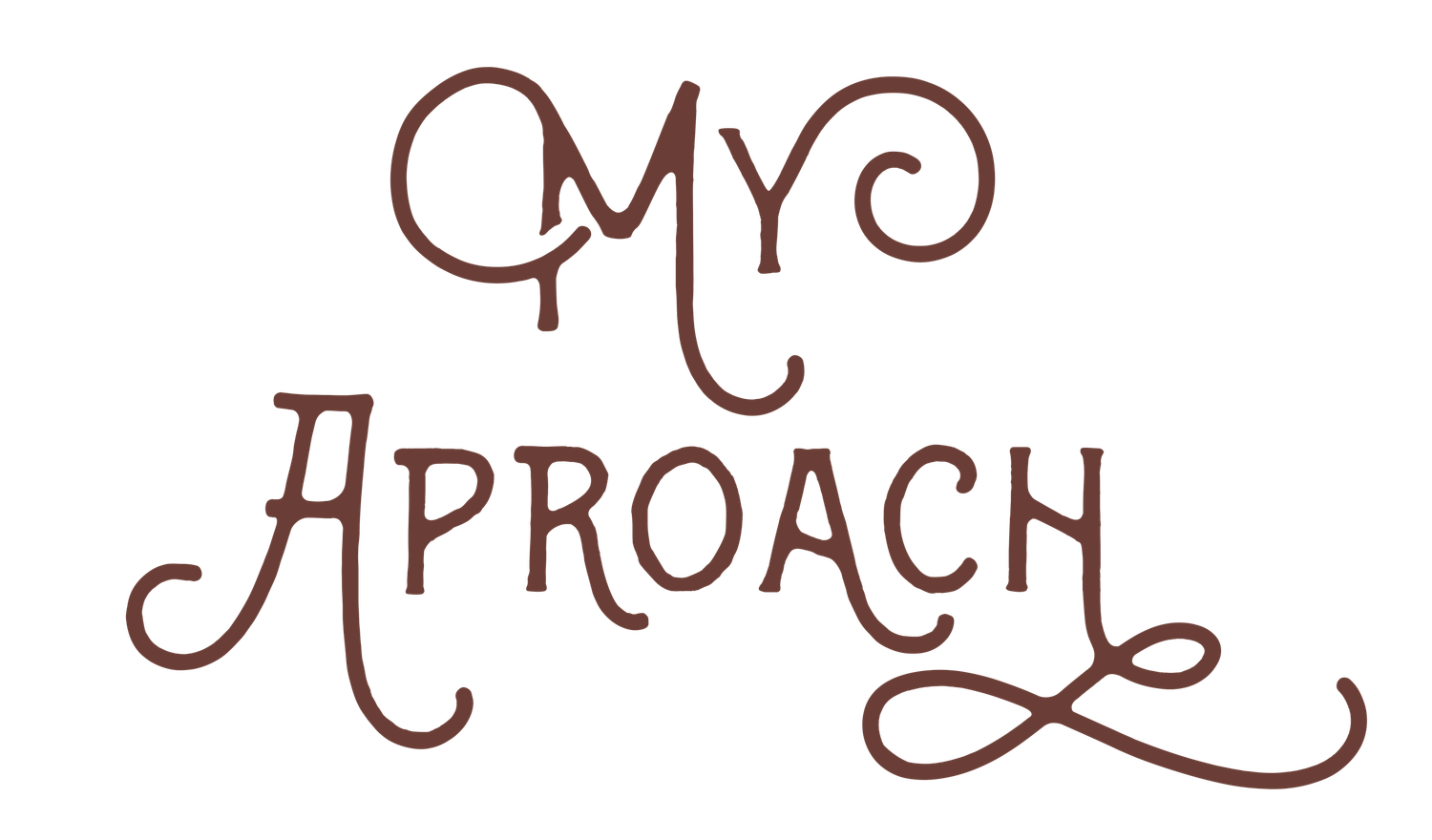 Decorative handwritten text in brown ink showing 'Approach' in an artistic calligraphy style.