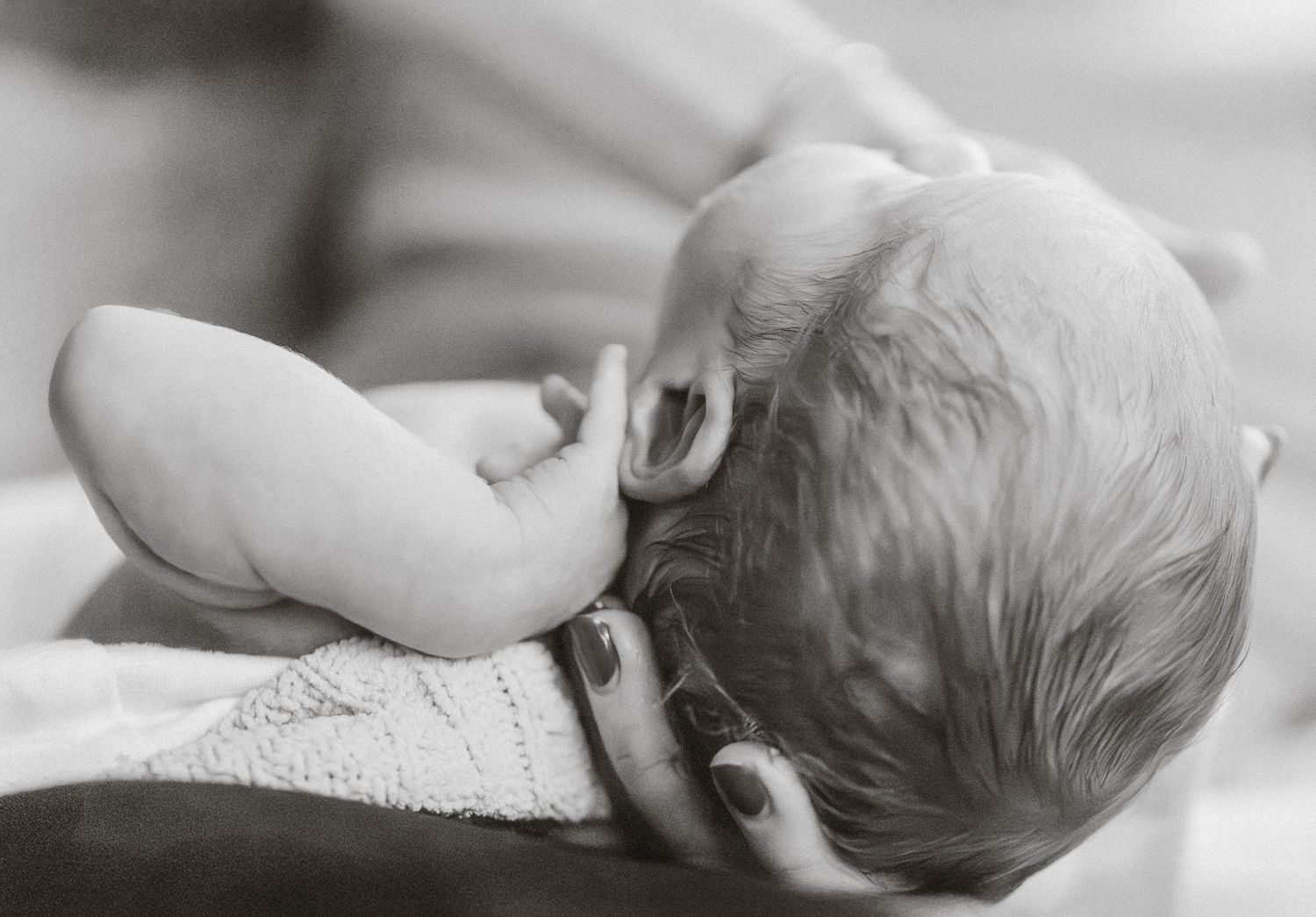 Black and white photo of a newborn baby being cradled in adult hands, showing delicate features and tiny fingers.