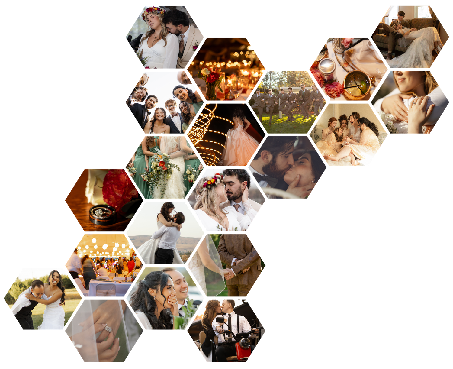 Hexagonal collage of wedding photography moments arranged in a decorative pattern.