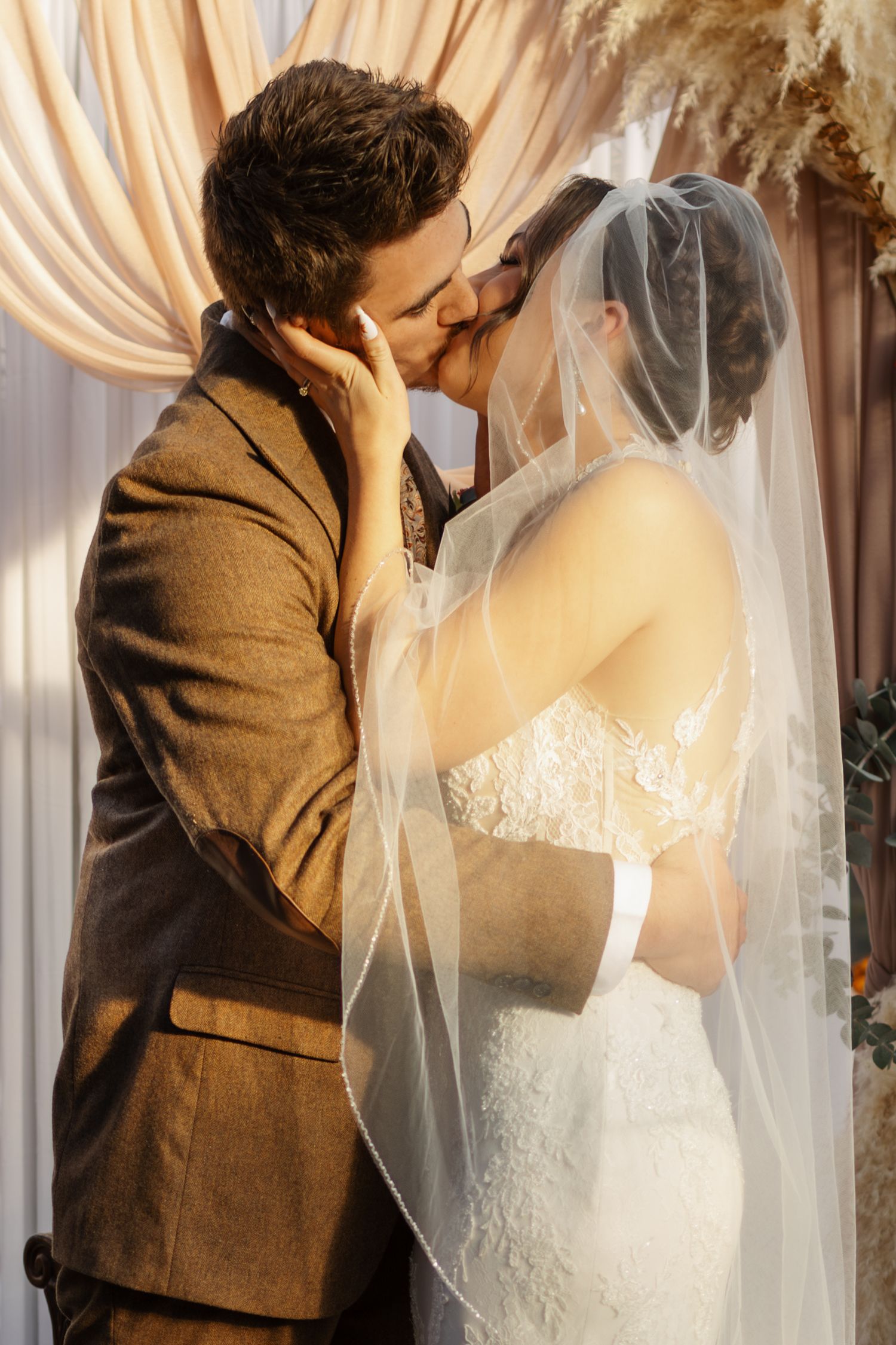 Series of romantic wedding photos showing tender moments between bride and groom.