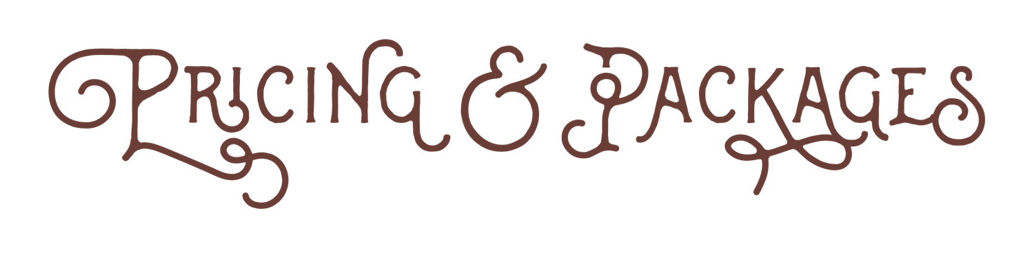 Wedding pricing and packages information displayed in elegant script text against a pink background.