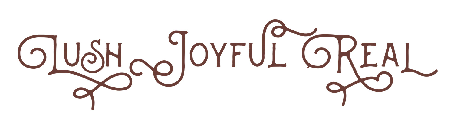 Decorative text reading 'Gush Joyful Real' in elegant cursive calligraphy.