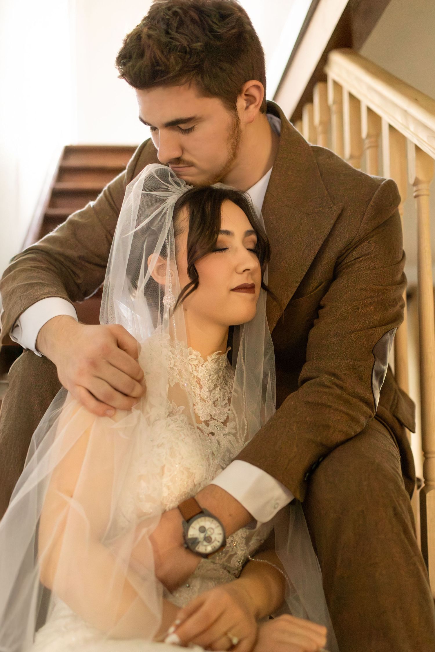 A romantic indoor wedding photoshoot sequence showing tender moments between newlyweds in elegant attire.