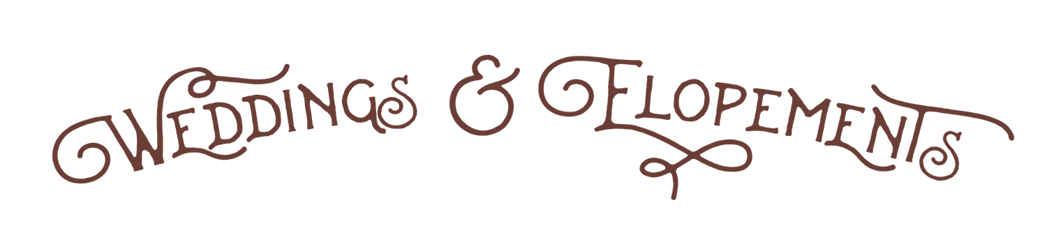 Ornate calligraphy text reading 'Wedding Elopements' in brown cursive script.