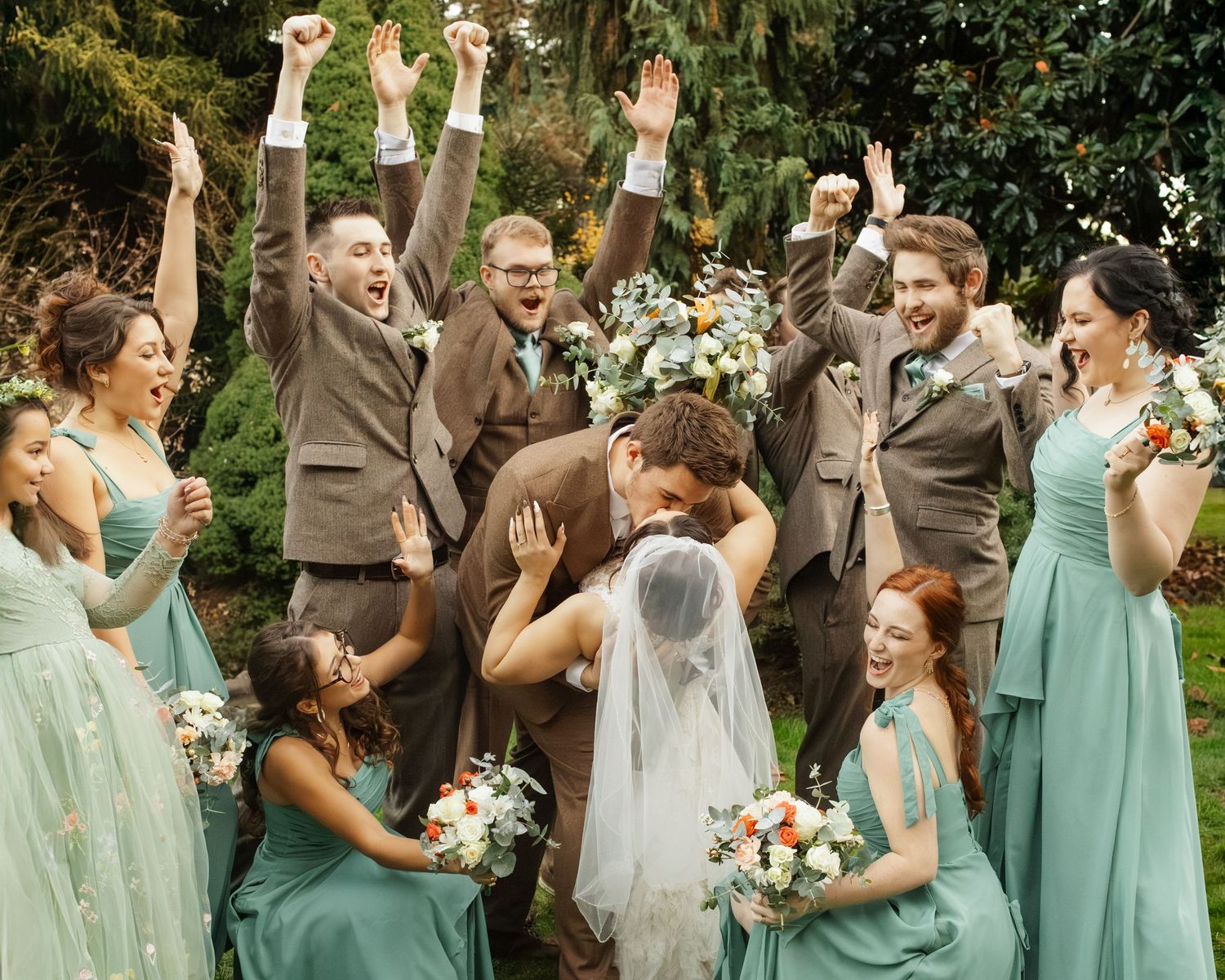 Candid photo series of a wedding party showing joyful expressions and celebratory poses in an outdoor setting.